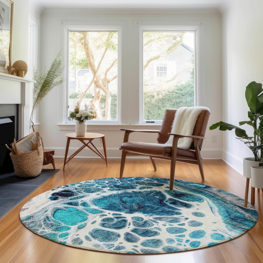 Premium Machine Washable Mayfield AMF682 Teal 8' x 8' Round Rug. Picture 5
