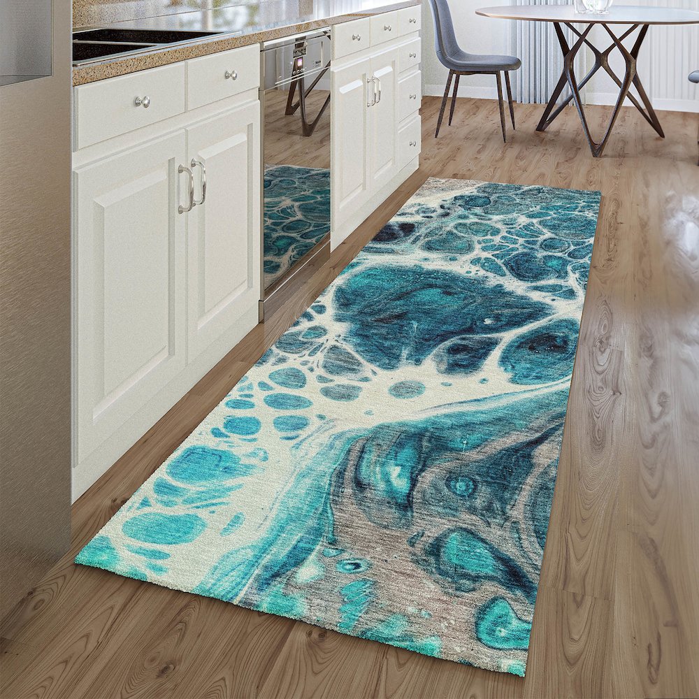 Premium Machine Washable Mayfield AMF682 Teal 2'3" x 7'6" Runner Rug. Picture 5