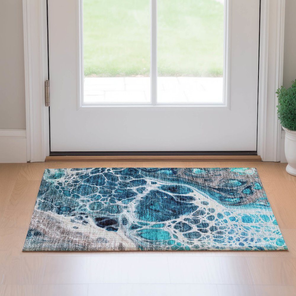 Premium Machine Washable Mayfield AMF682 Teal 1'8" x 2'6" Rug. Picture 5