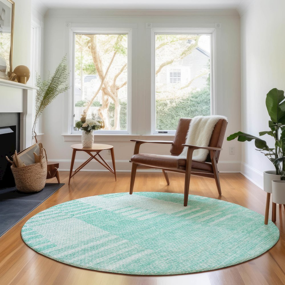 Premium Machine Washable Mayfield AMF686 Teal 8' x 8' Round Rug. Picture 5
