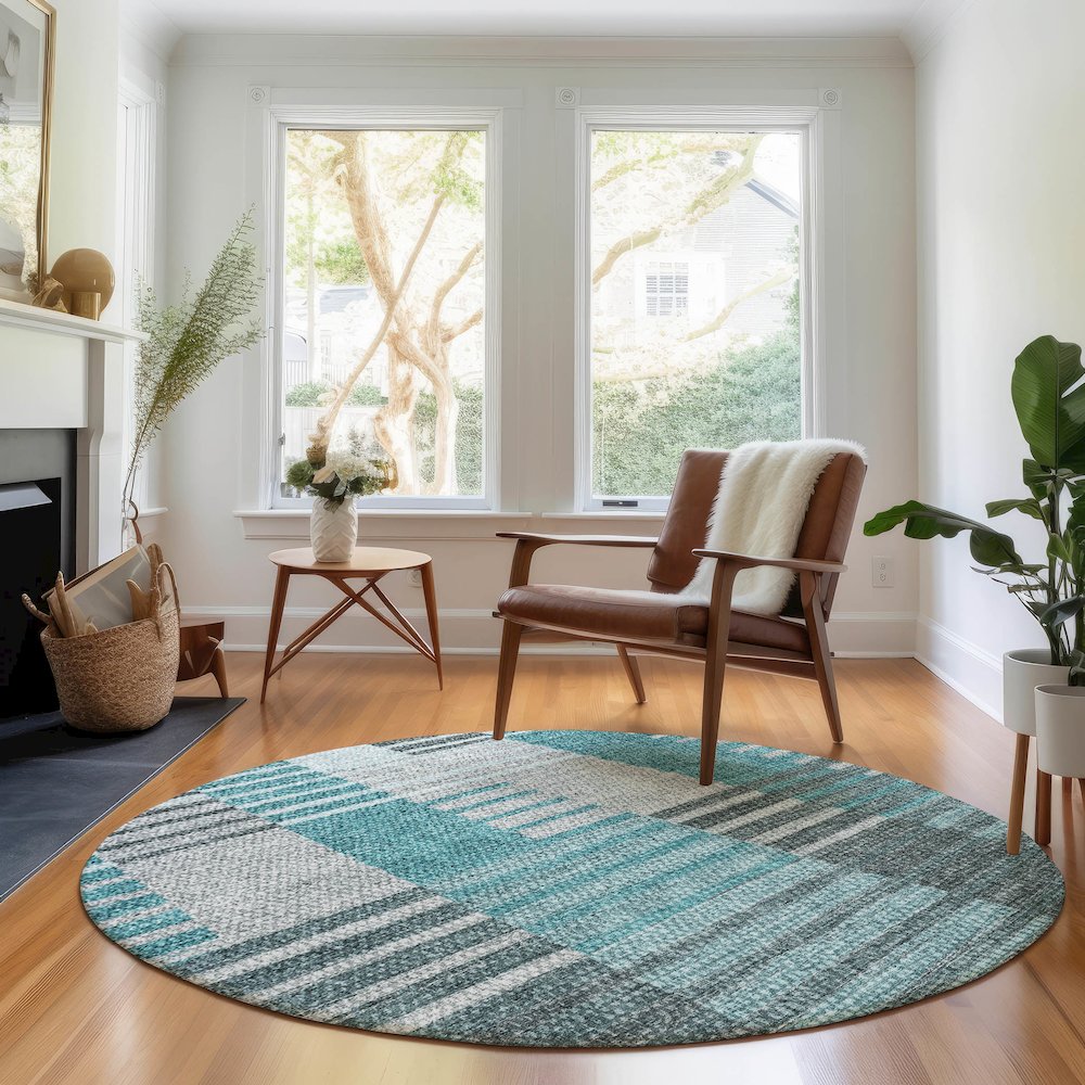 Premium Machine Washable Mayfield AMF687 Teal 8' x 8' Round Rug. Picture 5