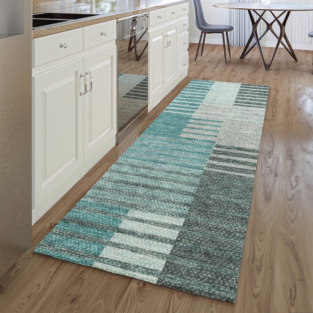 Premium Machine Washable Mayfield AMF687 Teal 2'3" x 7'6" Runner Rug. Picture 5