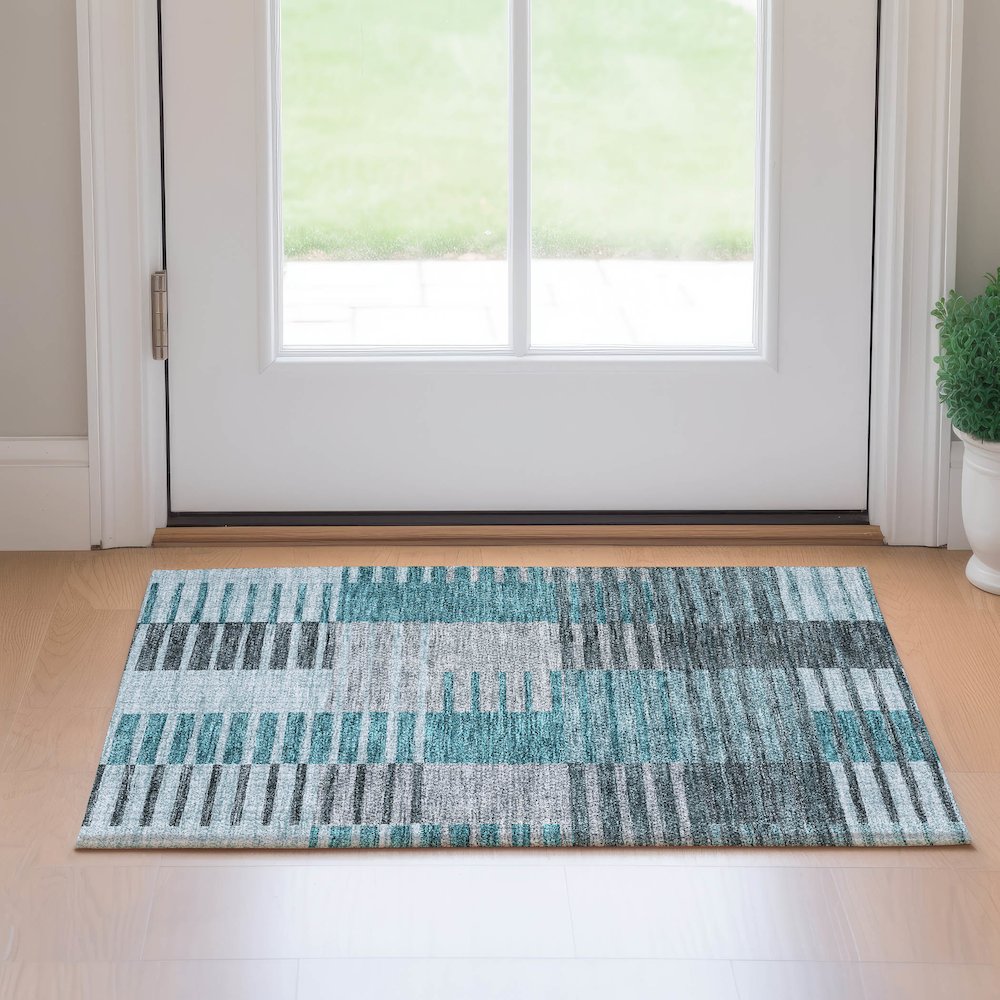 Premium Machine Washable Mayfield AMF687 Teal 1'8" x 2'6" Rug. Picture 5