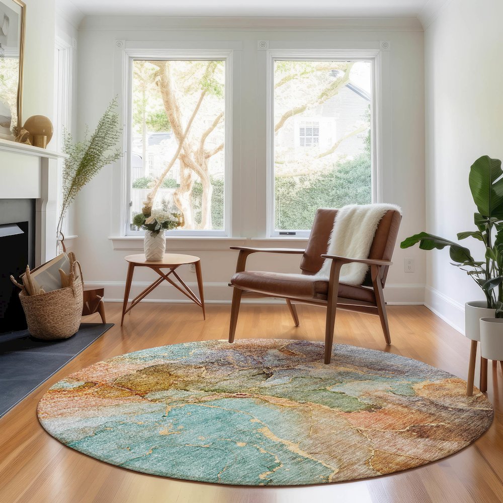 Premium Machine Washable Mayfield AMF689 Coral 8' x 8' Round Rug. Picture 5