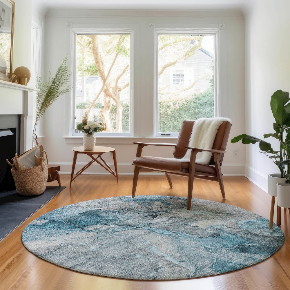 Premium Machine Washable Mayfield AMF689 Teal 8' x 8' Round Rug. Picture 5