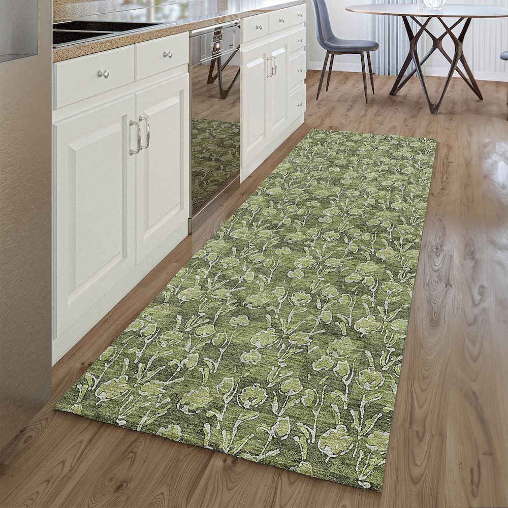 Premium Machine Washable Mayfield AMF692 Olive 2'3" x 7'6" Runner Rug. Picture 5