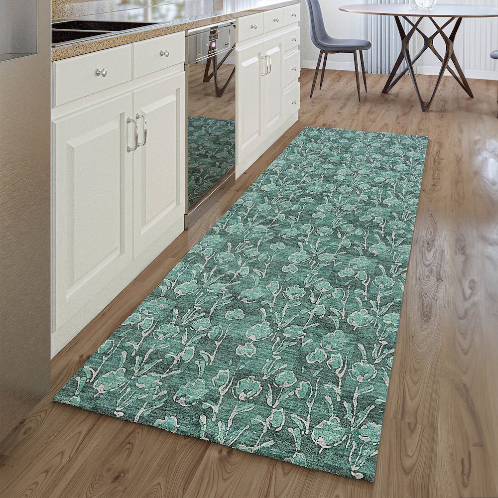 Premium Machine Washable Mayfield AMF692 Teal 2'3" x 7'6" Runner Rug. Picture 5