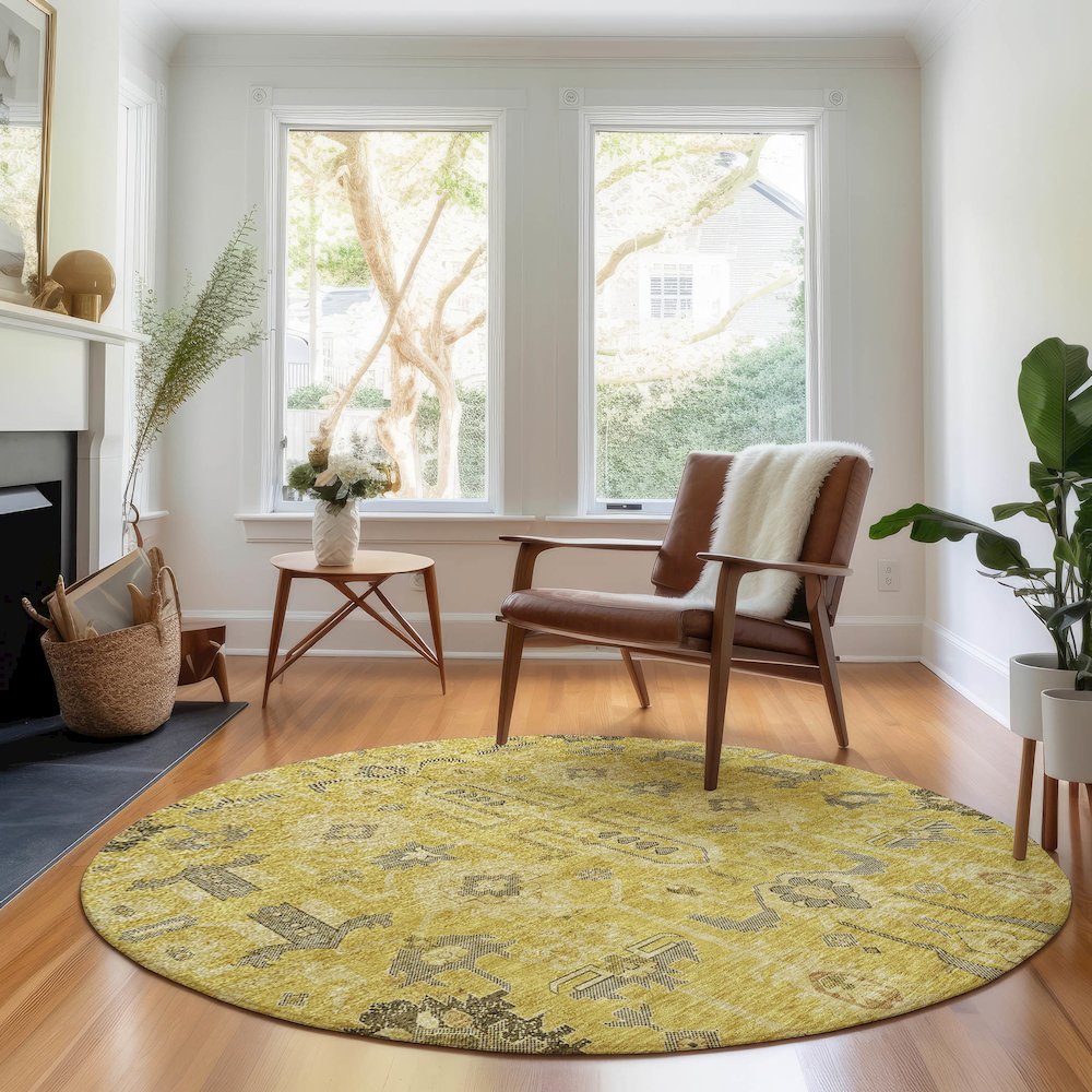 Premium Machine Washable Mayfield AMF697 Gold 8' x 8' Round Rug. Picture 5