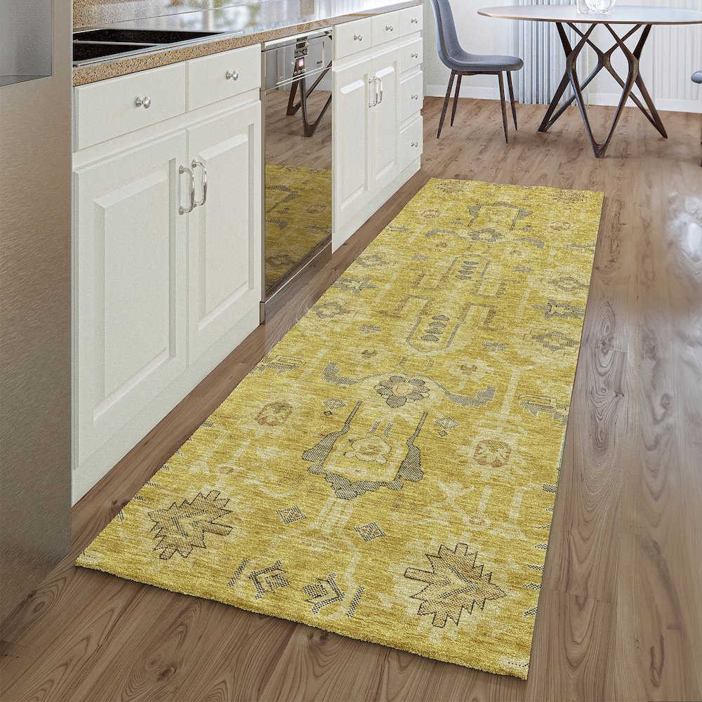 Premium Machine Washable Mayfield AMF697 Gold 2'3" x 7'6" Runner Rug. Picture 5