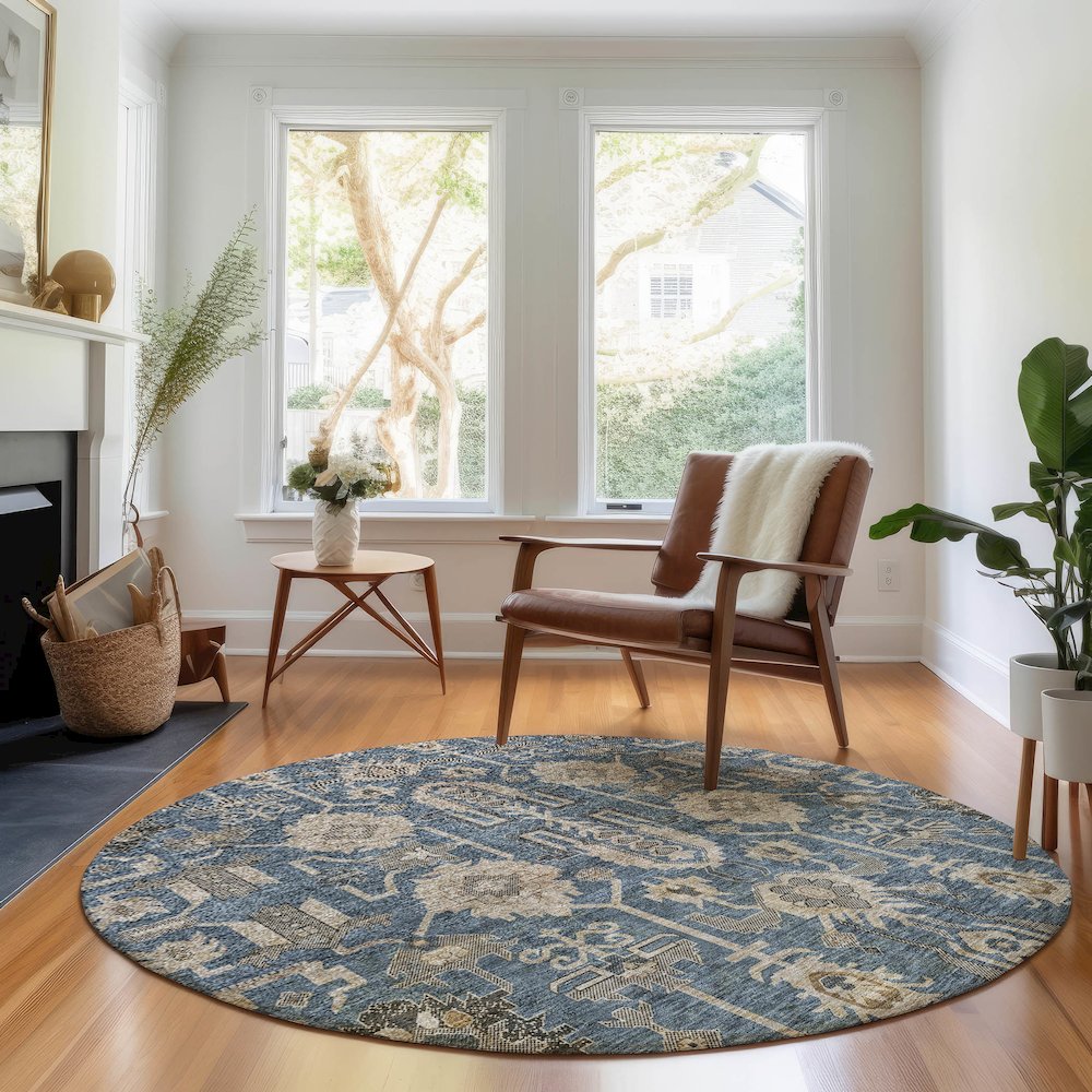 Premium Machine Washable Mayfield AMF697 Navy 8' x 8' Round Rug. Picture 5