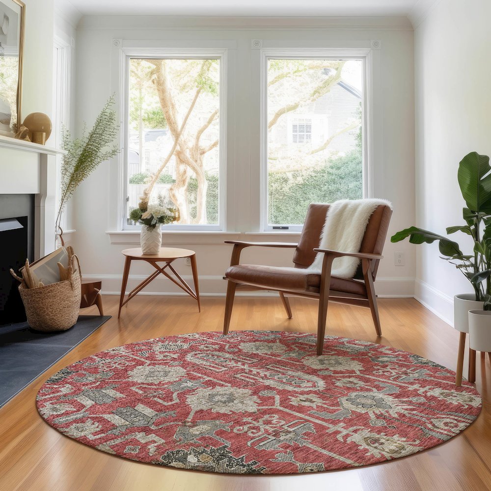 Premium Machine Washable Mayfield AMF697 Red 8' x 8' Round Rug. Picture 5