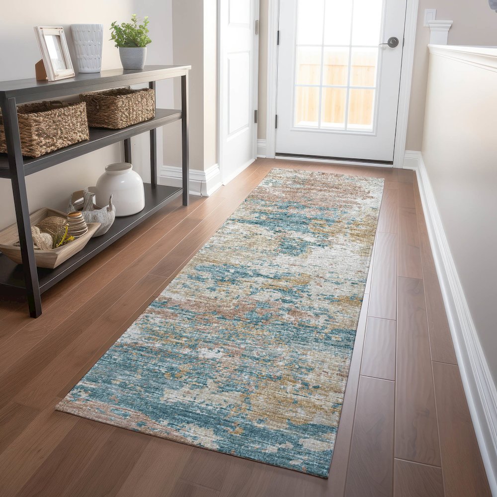 Premium Machine Washable Mayfield  Teal 2'3" x 7'6" Runner Rug. Picture 5