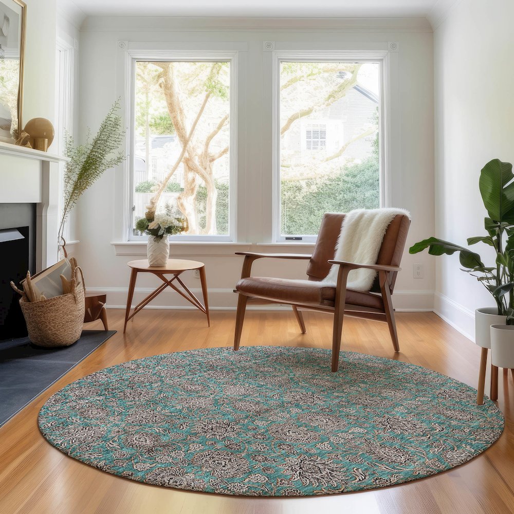 Premium Machine Washable Mayfield AMF702 Teal 8' x 8' Round Rug. Picture 5