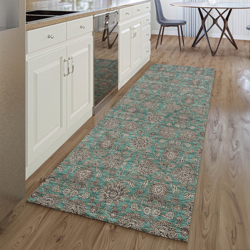 Premium Machine Washable Mayfield AMF702 Teal 2'3" x 7'6" Runner Rug. Picture 5