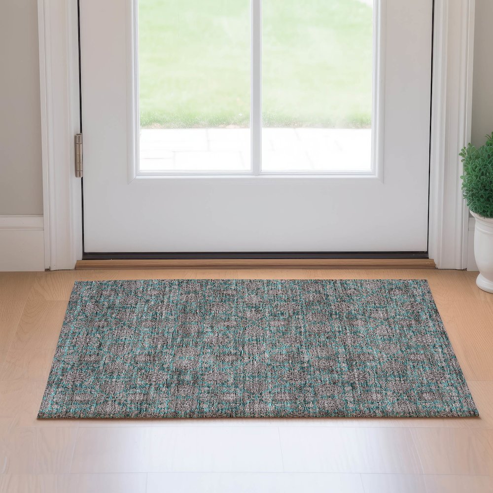 Premium Machine Washable Mayfield AMF702 Teal 1'8" x 2'6" Rug. Picture 5