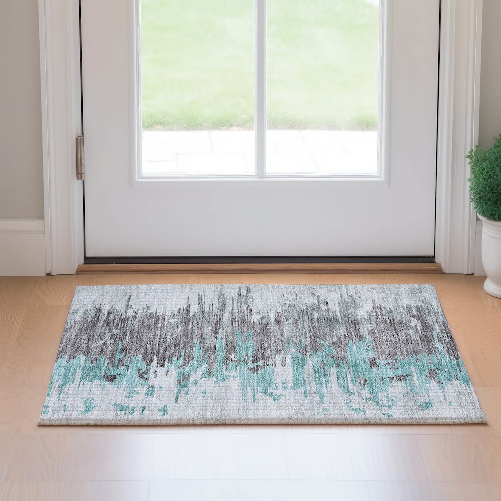 Premium Machine Washable Mayfield AMF704 Teal 1'8" x 2'6" Rug. Picture 5