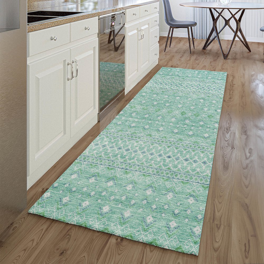Premium Machine Washable Mayfield AMF709 Aqua 2'3" x 7'6" Runner Rug. Picture 5