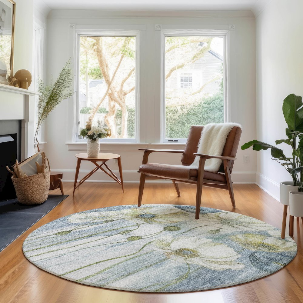 Premium Machine Washable Mayfield AMF712 Blue 8' x 8' Round Rug. Picture 5