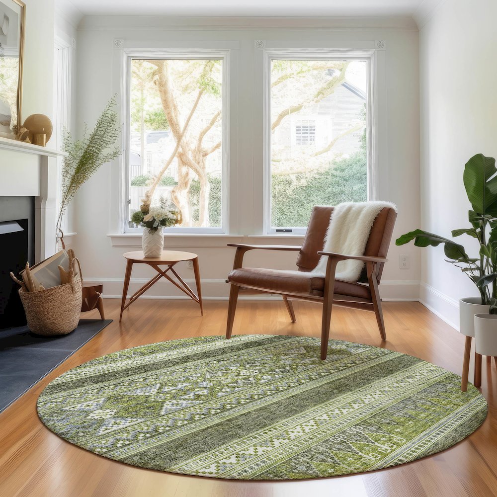 Premium Machine Washable Mayfield AMF714 Olive 8' x 8' Round Rug. Picture 5