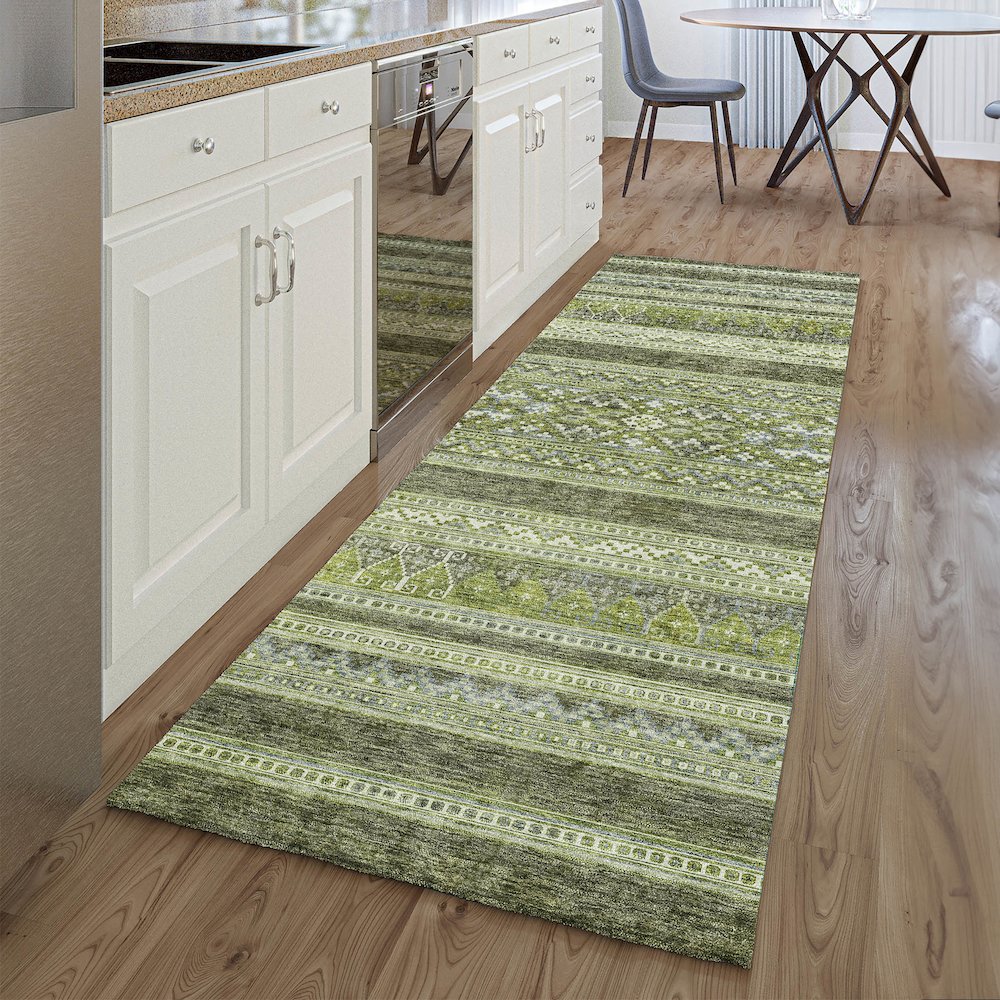 Premium Machine Washable Mayfield AMF714 Olive 2'3" x 7'6" Runner Rug. Picture 5