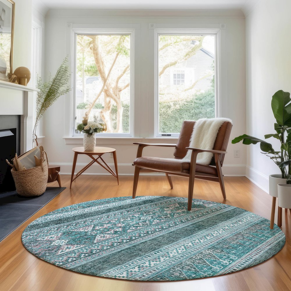 Premium Machine Washable Mayfield AMF714 Teal 8' x 8' Round Rug. Picture 5