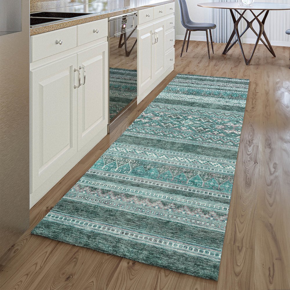 Premium Machine Washable Mayfield AMF714 Teal 2'3" x 7'6" Runner Rug. Picture 5