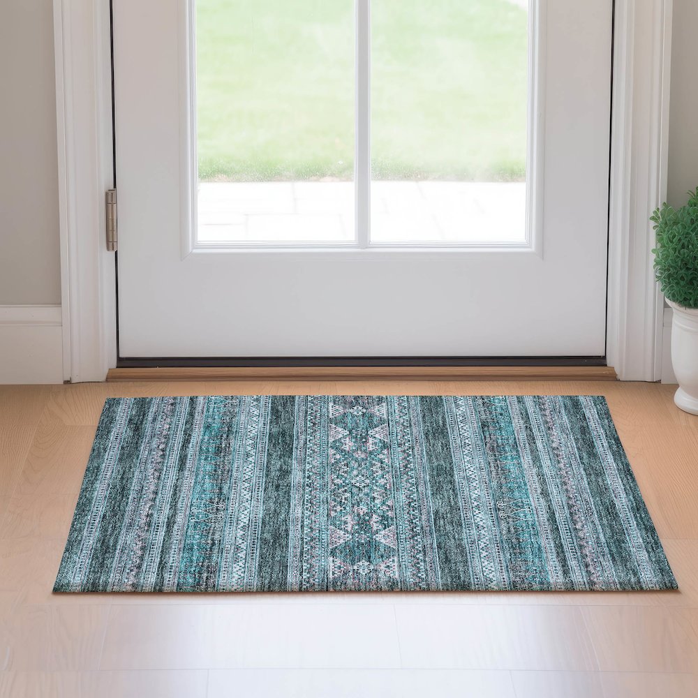 Premium Machine Washable Mayfield AMF714 Teal 1'8" x 2'6" Rug. Picture 5