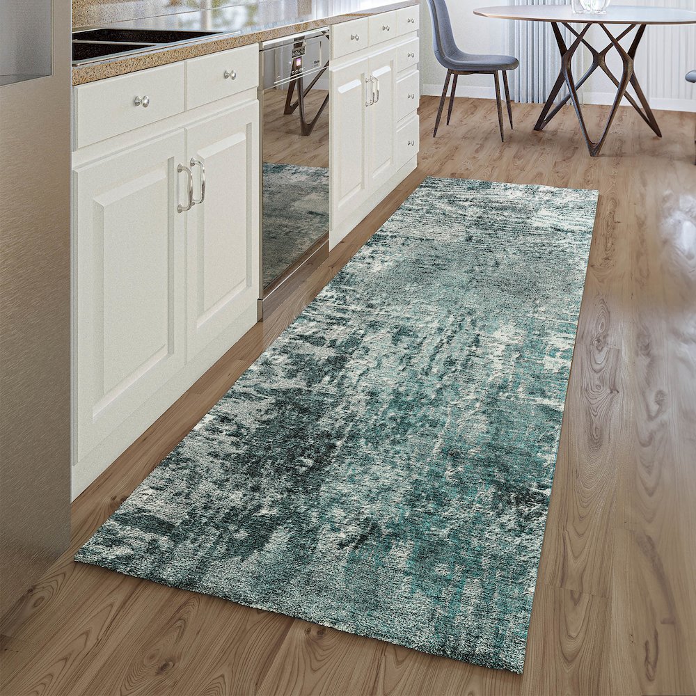 Premium Machine Washable Mayfield AMF718 Teal 2'3" x 7'6" Runner Rug. Picture 5