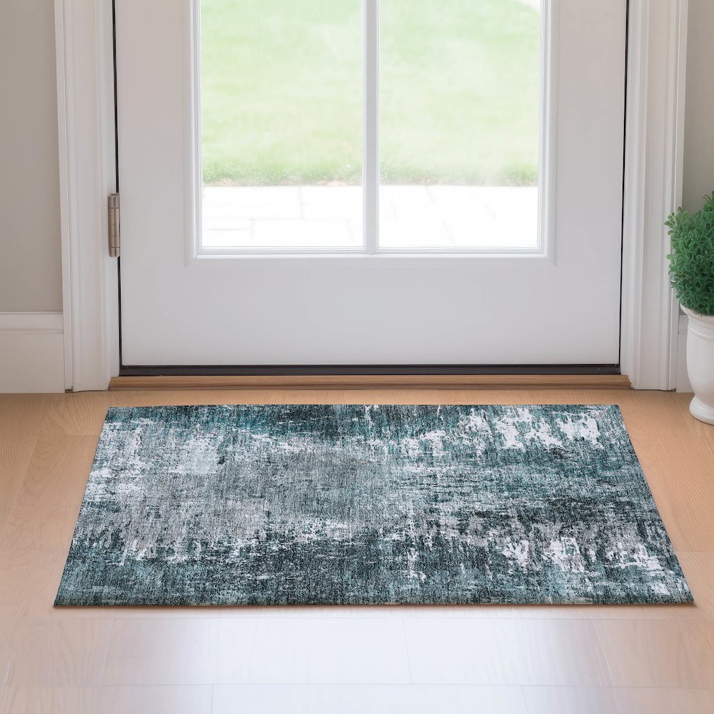 Premium Machine Washable Mayfield AMF718 Teal 1'8" x 2'6" Rug. Picture 5