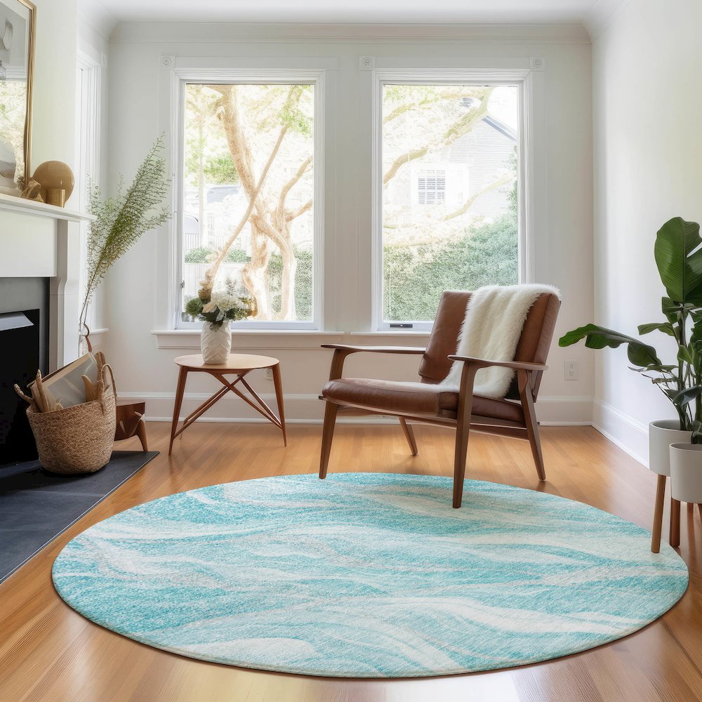 Premium Machine Washable Mayfield AMF720 Teal 8' x 8' Round Rug. Picture 5
