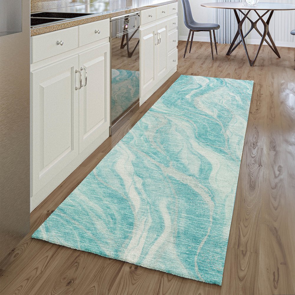 Premium Machine Washable Mayfield AMF720 Teal 2'3" x 7'6" Runner Rug. Picture 5