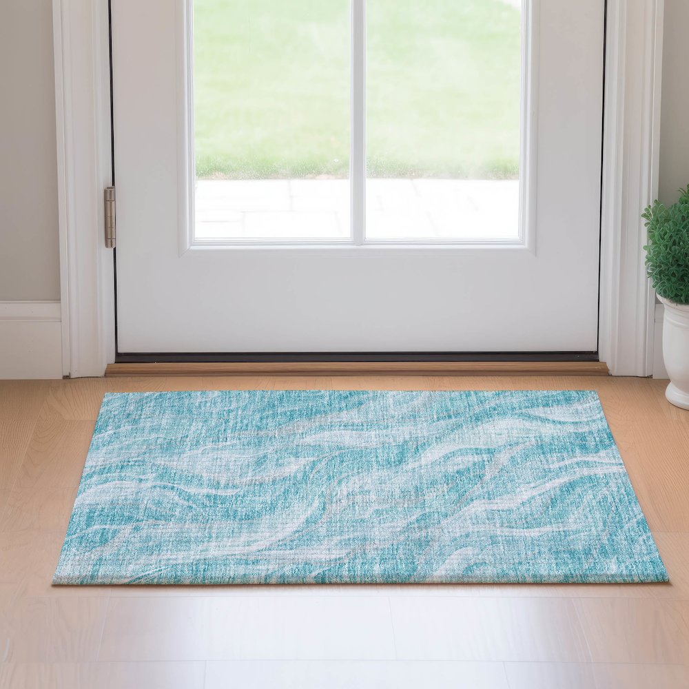 Premium Machine Washable Mayfield AMF720 Teal 1'8" x 2'6" Rug. Picture 5