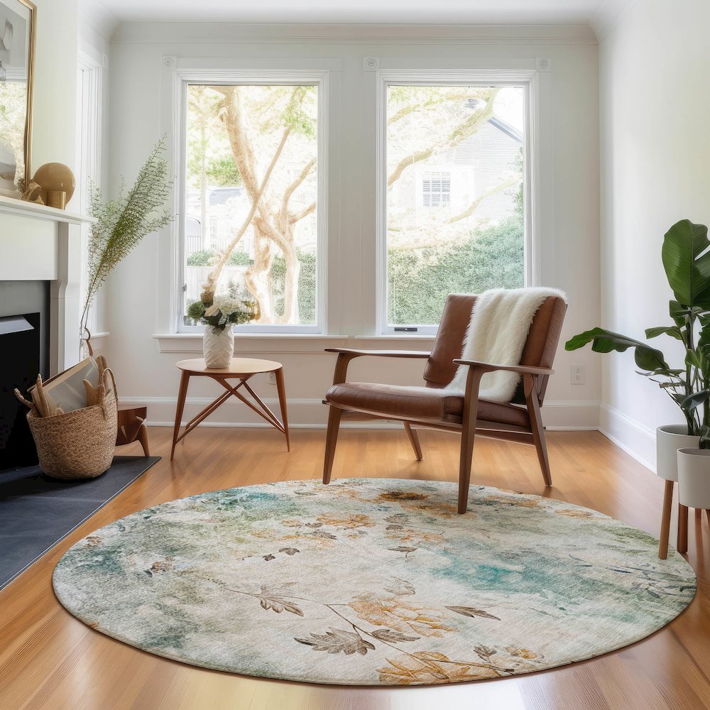 Premium Machine Washable Mayfield AMF724 Teal 8' x 8' Round Rug. Picture 5