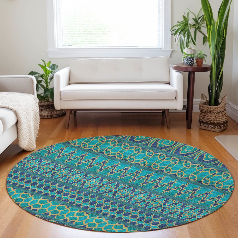 Premium Machine Washable Mayfield AMF726 Teal 8' x 8' Round Rug. Picture 5