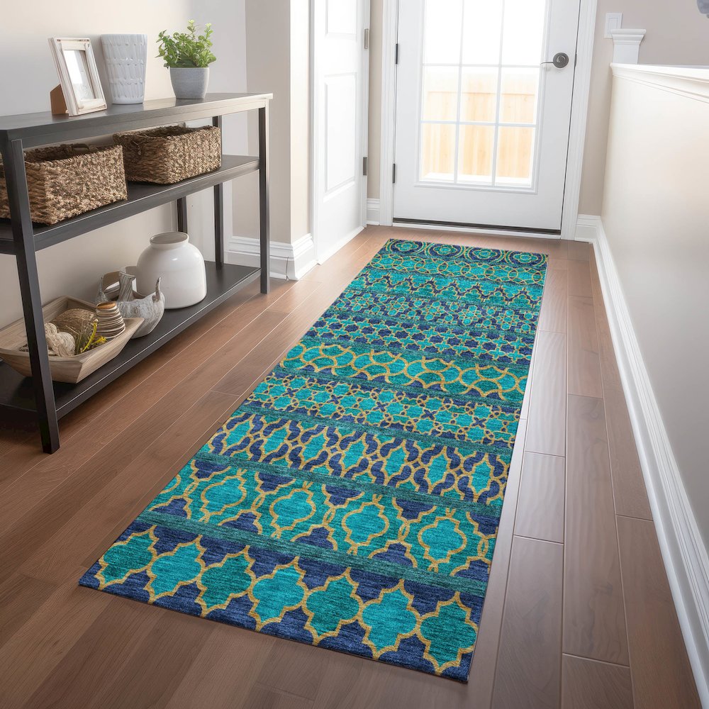 Premium Machine Washable Mayfield AMF726 Teal 2'3" x 7'6" Runner Rug. Picture 5