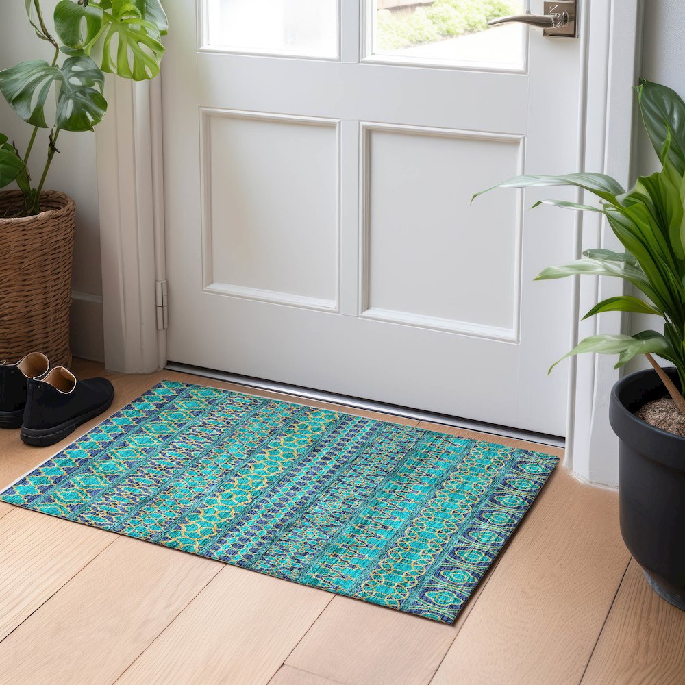 Premium Machine Washable Mayfield AMF726 Teal 1'8" x 2'6" Rug. Picture 5