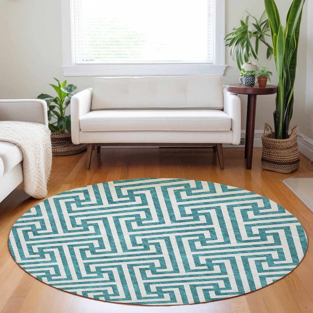 Premium Machine Washable Mayfield AMF731 Teal 8' x 8' Round Rug. Picture 5