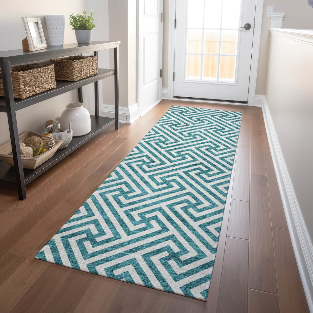 Premium Machine Washable Mayfield AMF731 Teal 2'3" x 7'6" Runner Rug. Picture 5