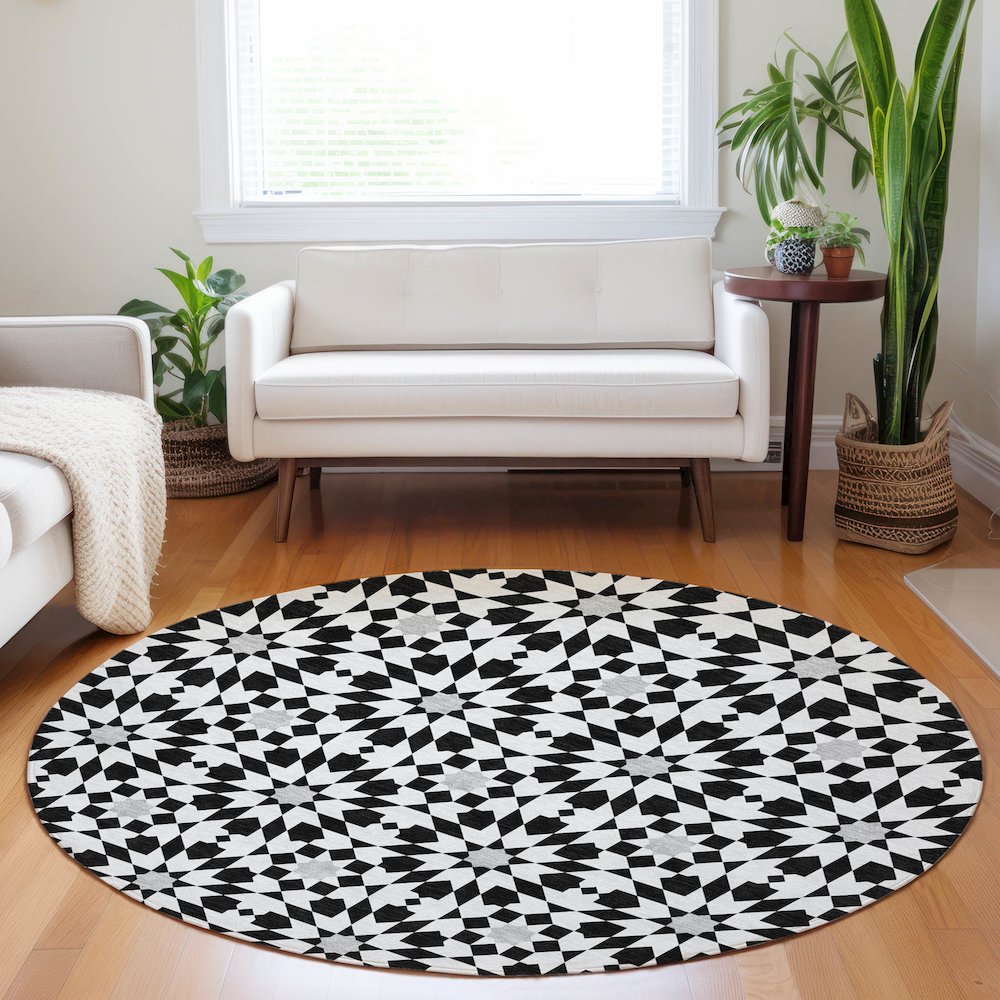Premium Machine Washable Mayfield AMF734 Black 8' x 8' Round Rug. Picture 5