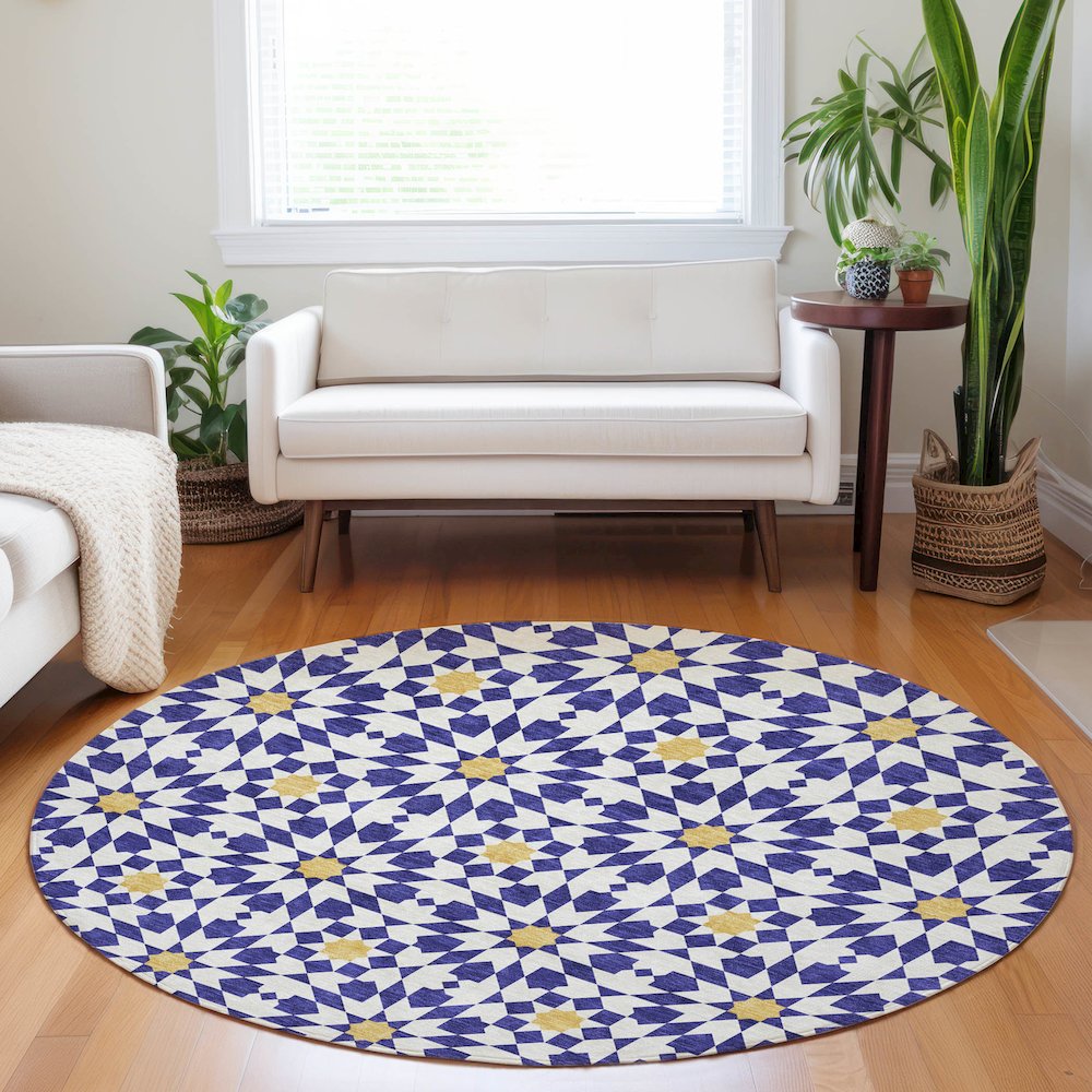 Premium Machine Washable Mayfield AMF734 Navy 8' x 8' Round Rug. Picture 5