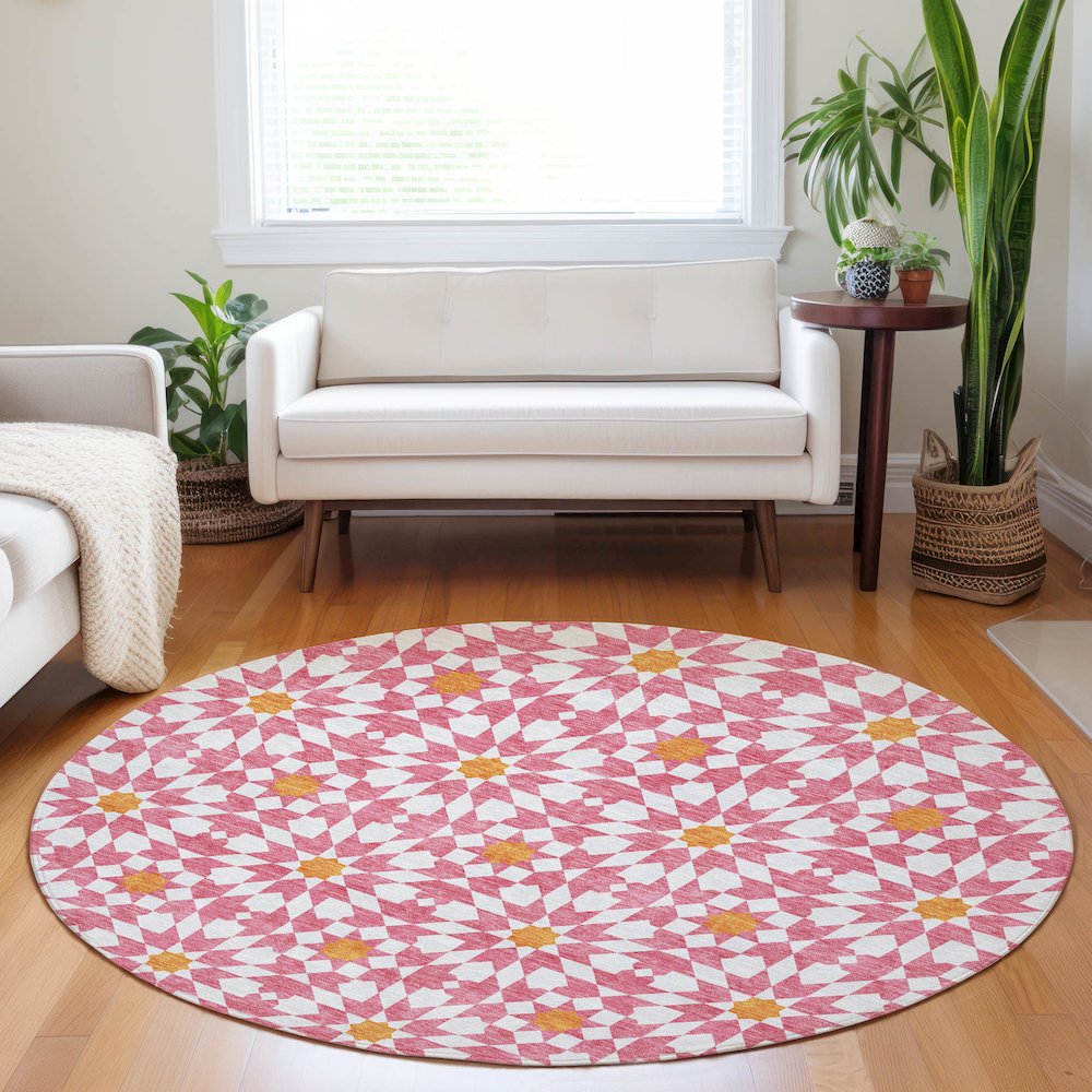 Premium Machine Washable Mayfield AMF734 Pink 8' x 8' Round Rug. Picture 5