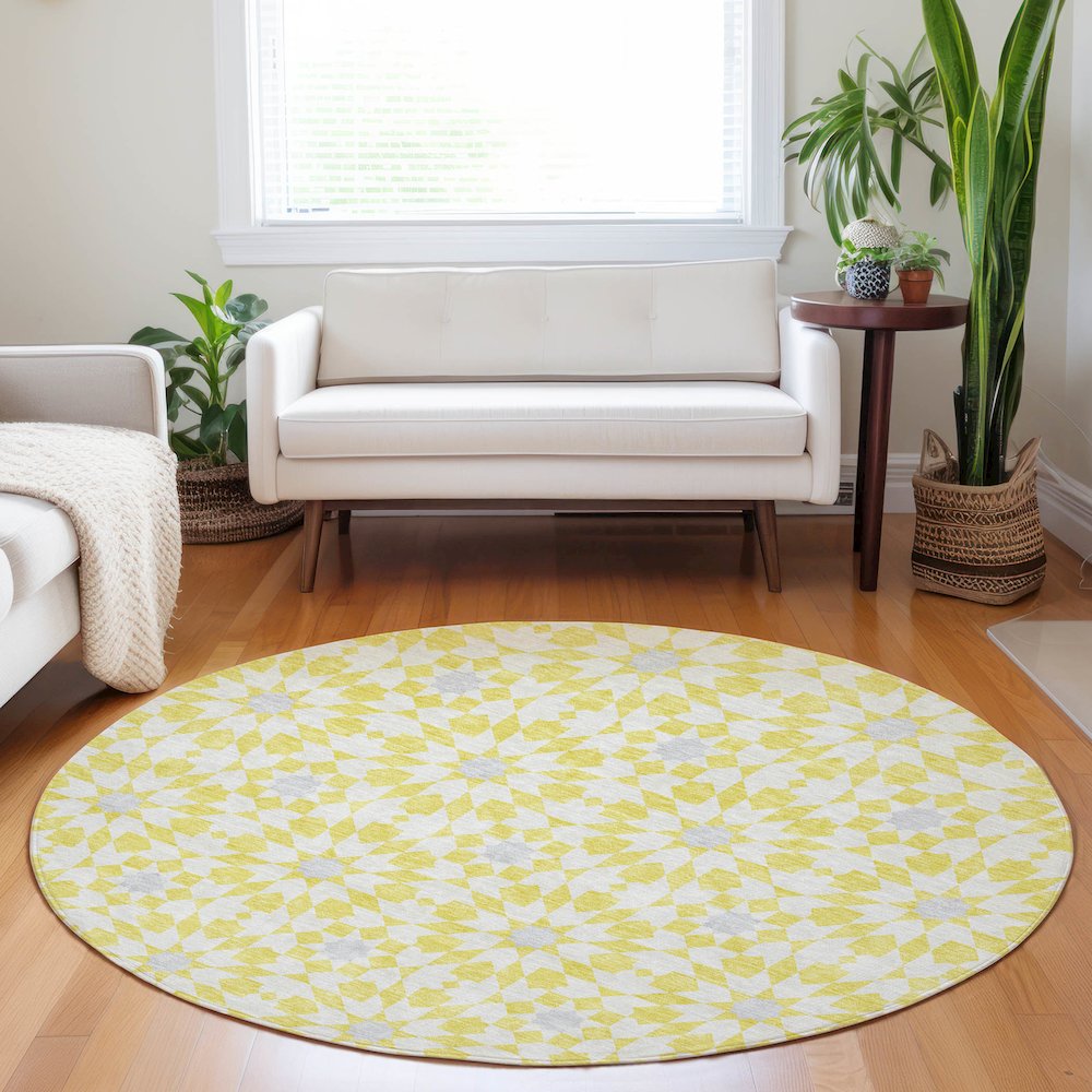 Premium Machine Washable Mayfield AMF734 Yellow 8' x 8' Round Rug. Picture 5