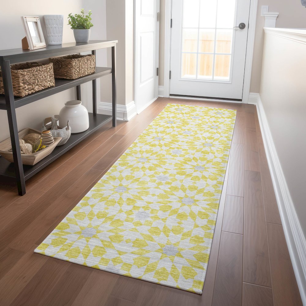 Premium Machine Washable Mayfield AMF734 Yellow 2'3" x 7'6" Runner Rug. Picture 5