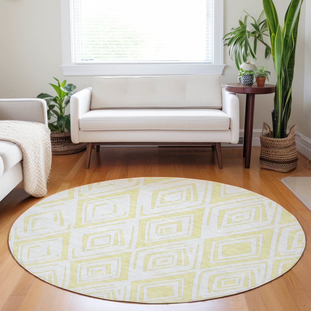 Premium Machine Washable Mayfield AMF737 Yellow 8' x 8' Round Rug. Picture 5