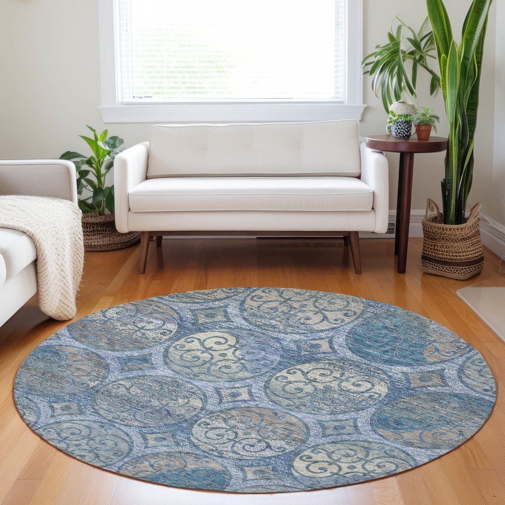 Premium Machine Washable Mayfield AMF738 Blue 8' x 8' Round Rug. Picture 5