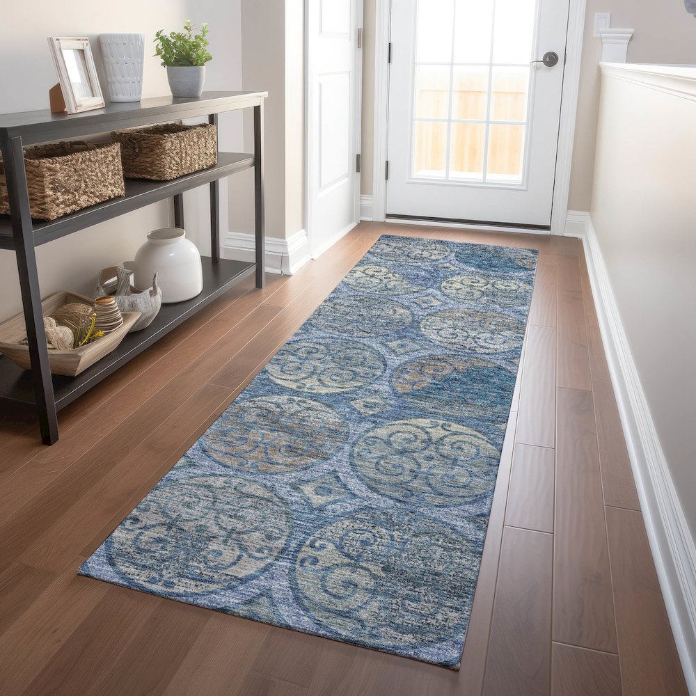 Premium Machine Washable Mayfield AMF738 Blue 2'3" x 7'6" Runner Rug. Picture 5