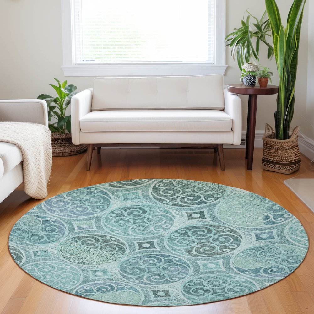 Premium Machine Washable Mayfield AMF738 Teal 8' x 8' Round Rug. Picture 5
