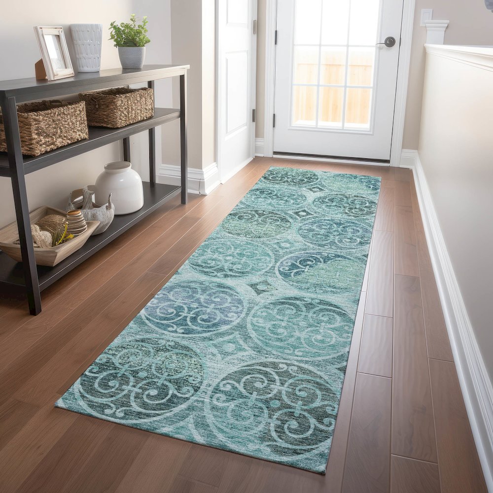 Premium Machine Washable Mayfield AMF738 Teal 2'3" x 7'6" Runner Rug. Picture 5