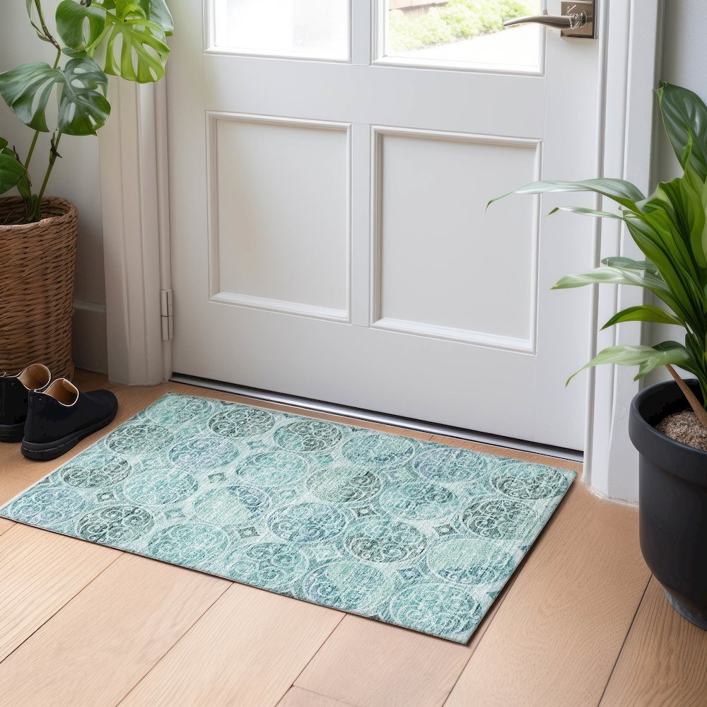 Premium Machine Washable Mayfield AMF738 Teal 1'8" x 2'6" Rug. Picture 5
