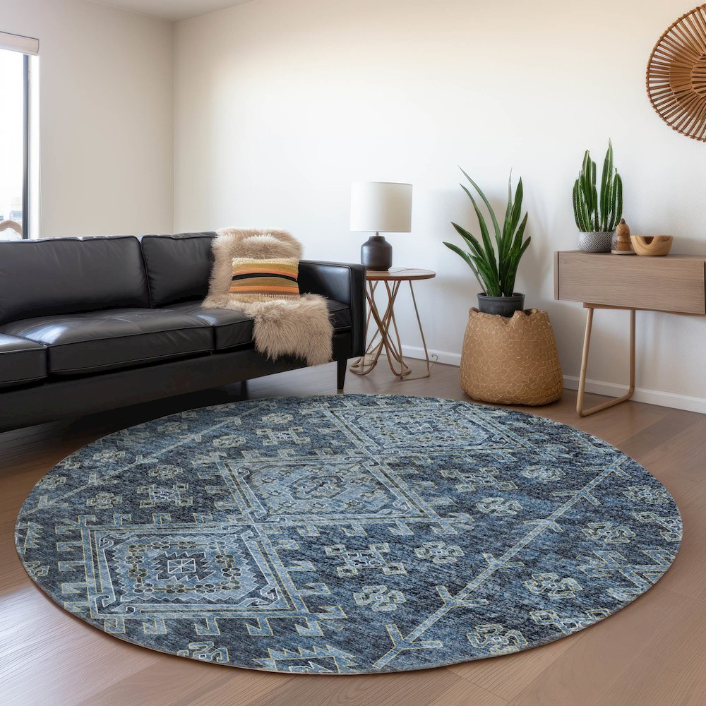 Premium Machine Washable Mayfield  Blue 8' x 8' Round Rug. Picture 5